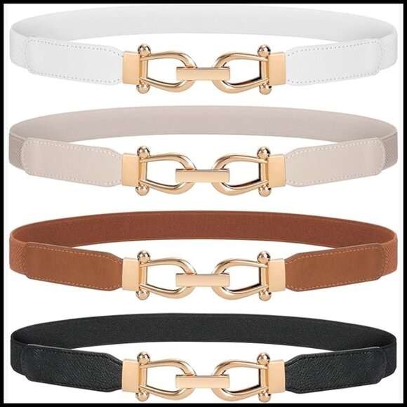 Stretchy Skinny Waist Belt with Gold Buckle Set of 4 for Dresses
